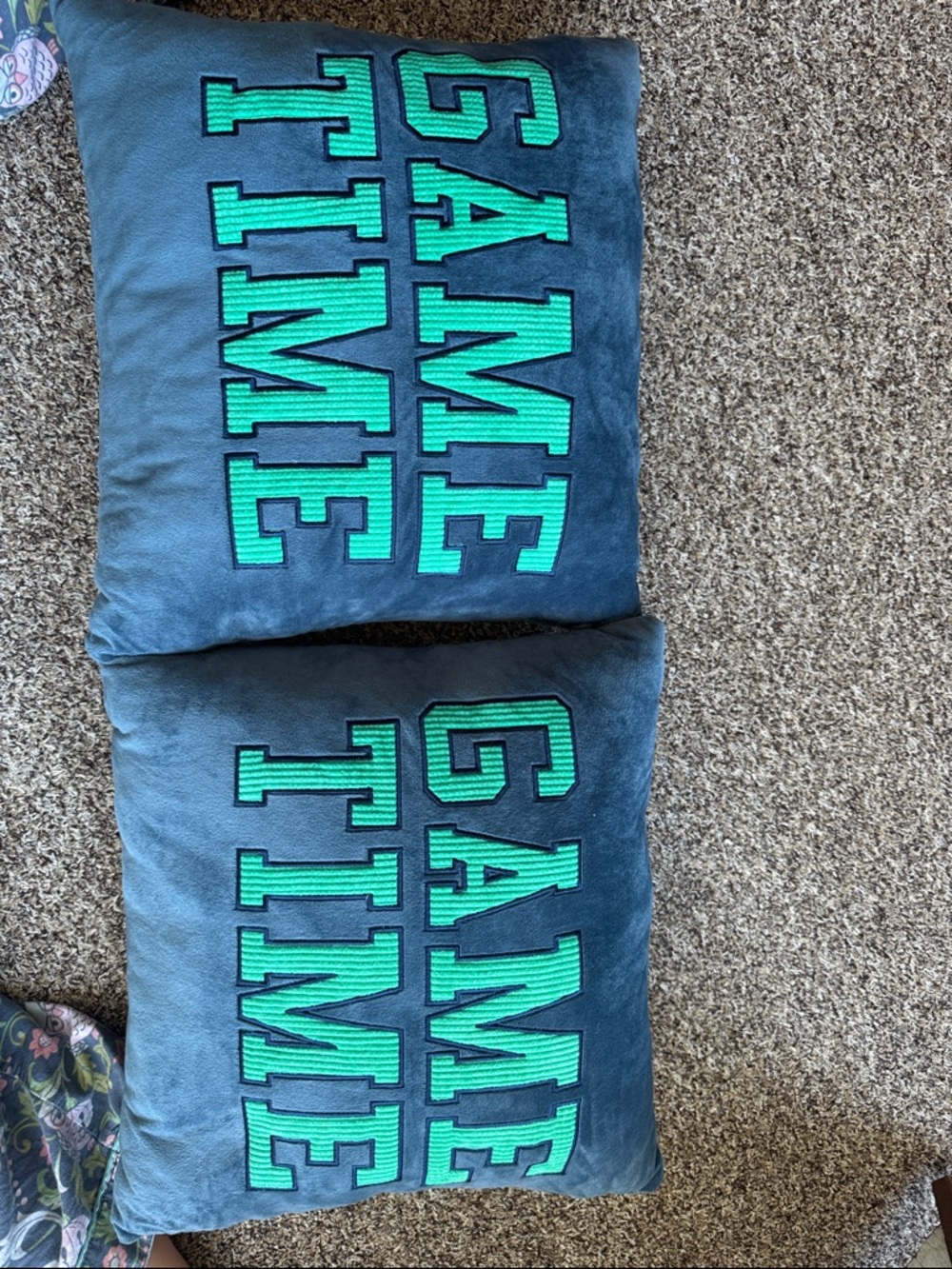 Game Time Decorative Pillow Pair - Teal Lettering on Blue/Grey soft fuzzy fabric